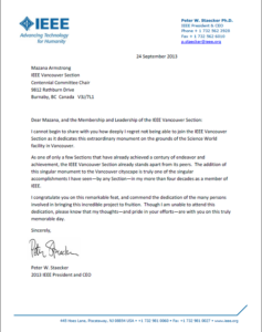 Letter of Congratulations from IEEE President Dr. Peter Staecker